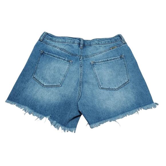 KanCan Junior's Medium Wash Button Fly Distressed Raw Hem Blue Denim Jean Shorts - Picture 2 of 6